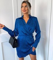 AX Paris Blue Spot Satin Mini Wrap Shirt Dress